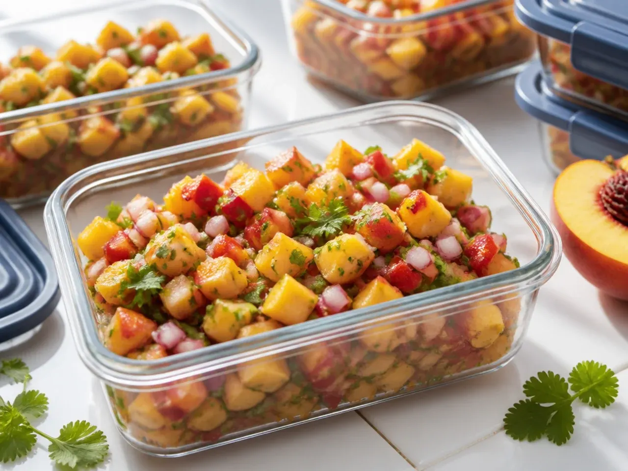 Peach salsa stored in a glass airtight container in the refrigerator