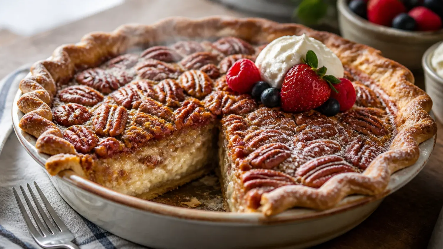 Whole pecan cream pie in a pastry case, sliced to show the creamy filling, topped with toasted pecan halves and a maple drizzle