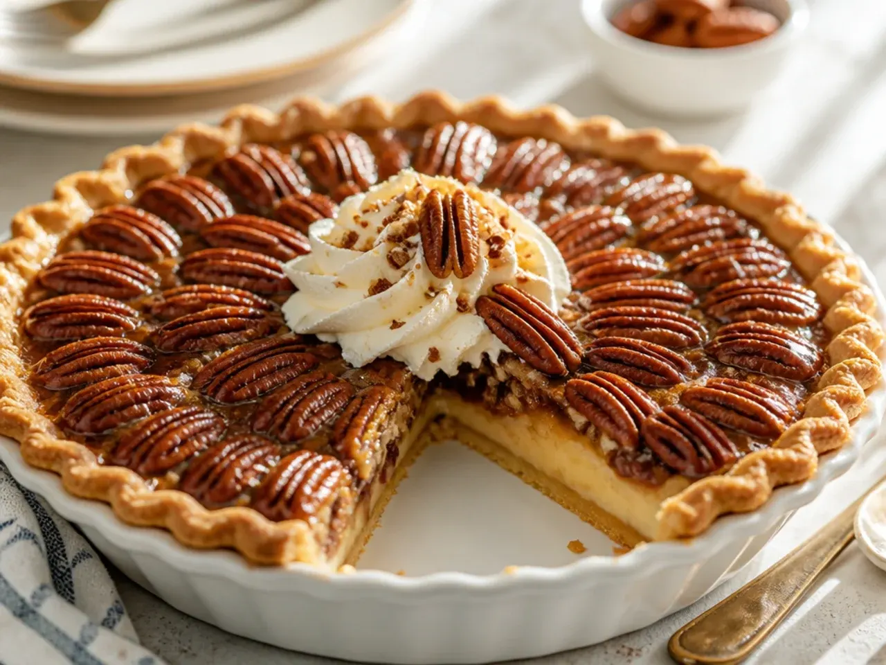 Sliced pecan cream pie on a white cake stand showing the creamy filling and toasted pecan topping