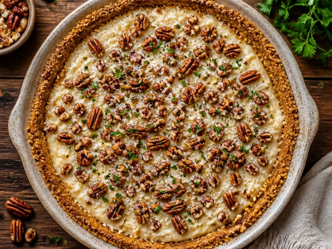 Classic pecan cream pie in a pastry case topped with pecan halves and maple syrup