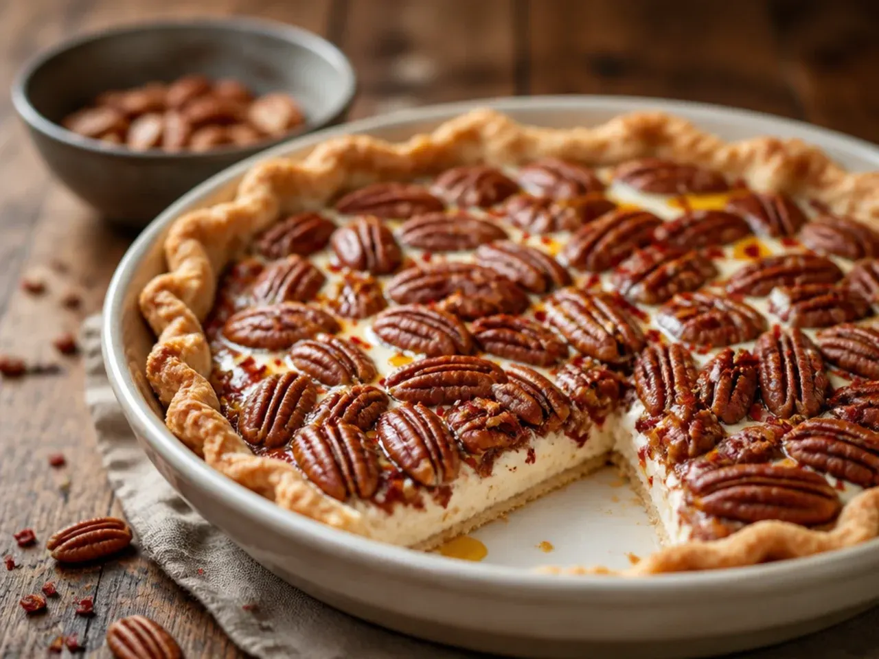 Easy five-ingredient pecan cream pie made with condensed milk and whipped topping