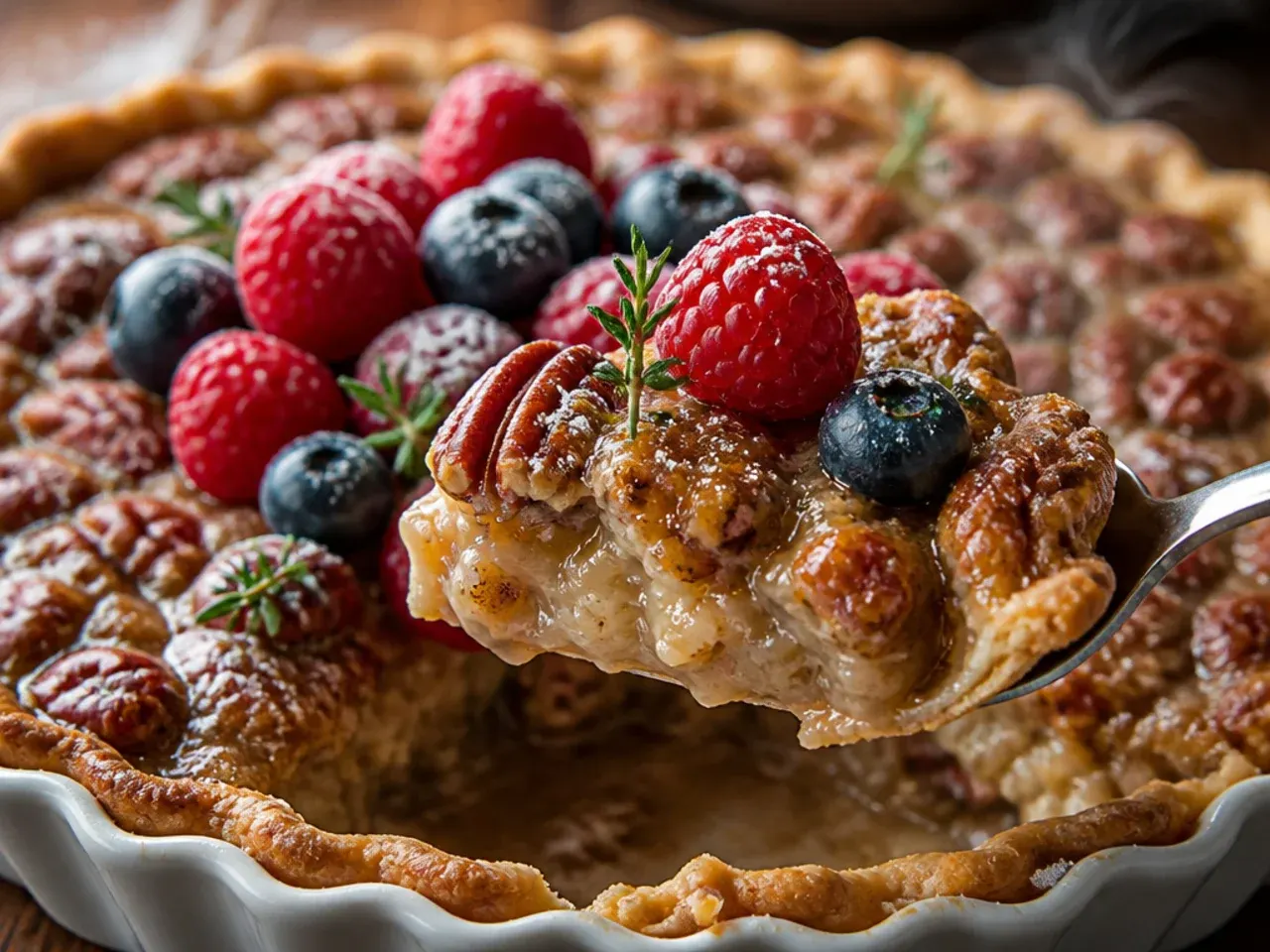 Pecan cream pie topped with fresh raspberries and strawberries