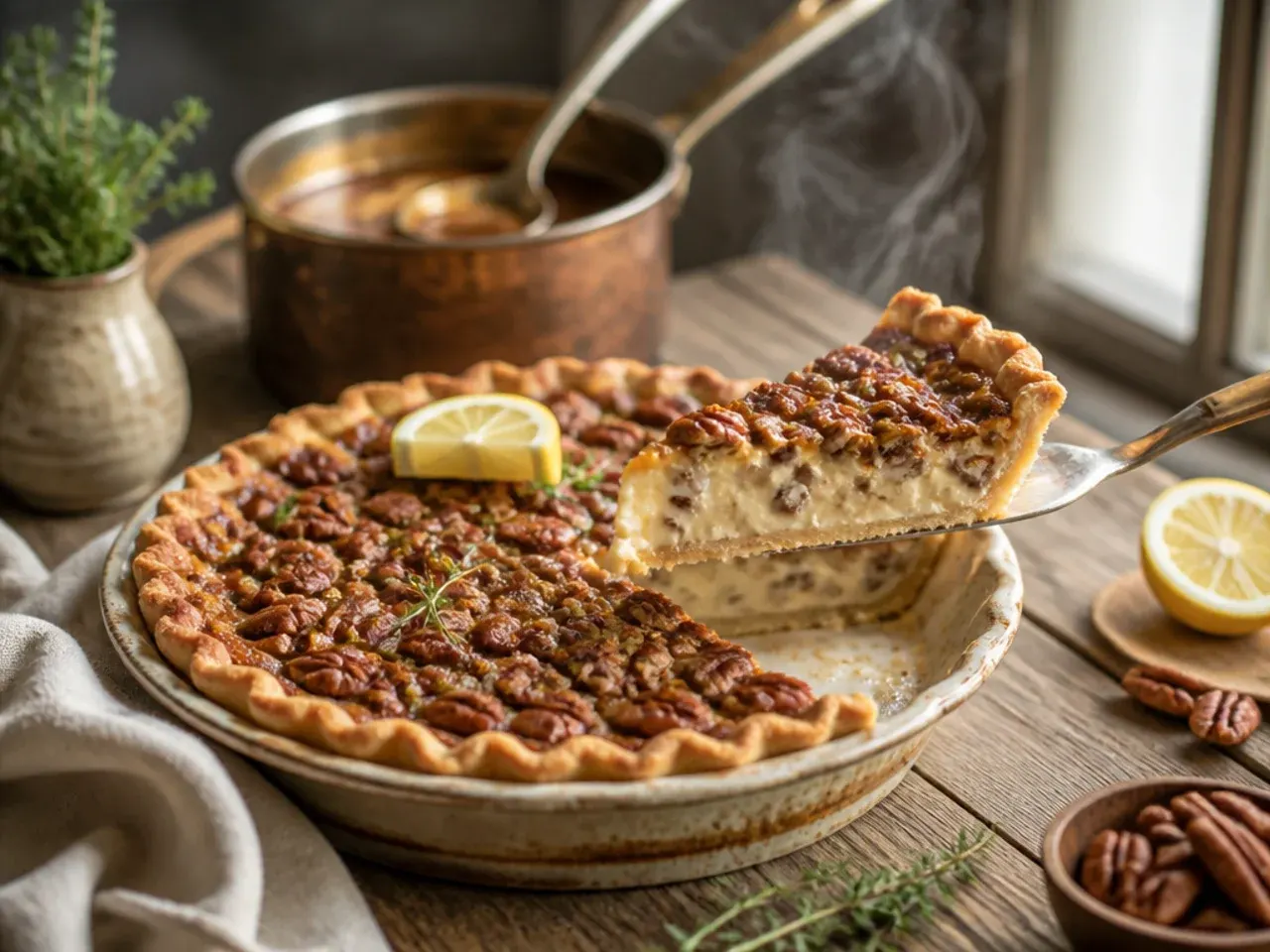 Slice of brown butter pecan cream pie showing the toffee-toned filling