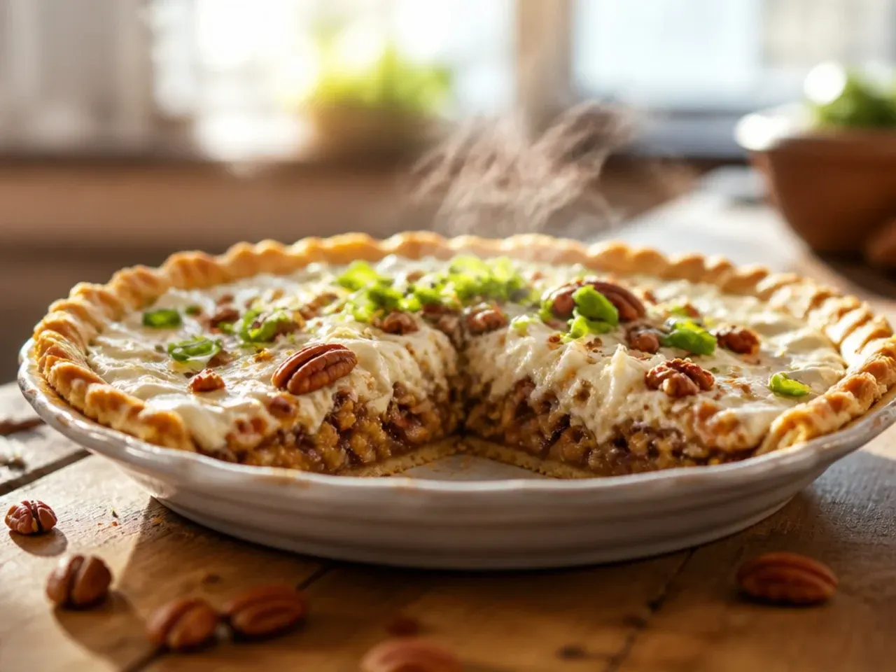Extra-creamy mascarpone pecan cream pie sliced on a plate