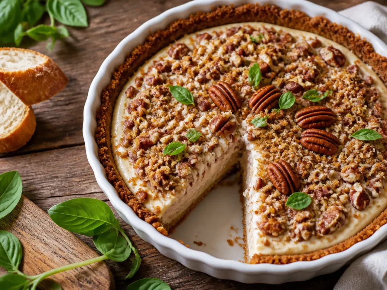 Pecan cream pie in a digestive biscuit crumb crust