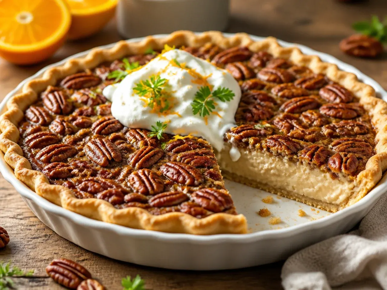 Zesty orange pecan cream pie garnished with orange zest