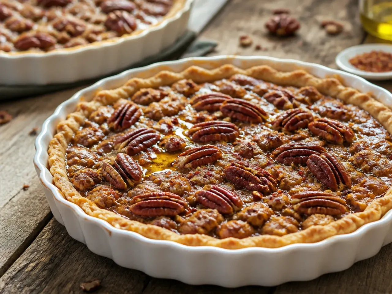 Individual pecan cream pie jars layered with biscuit crumbs and pecans