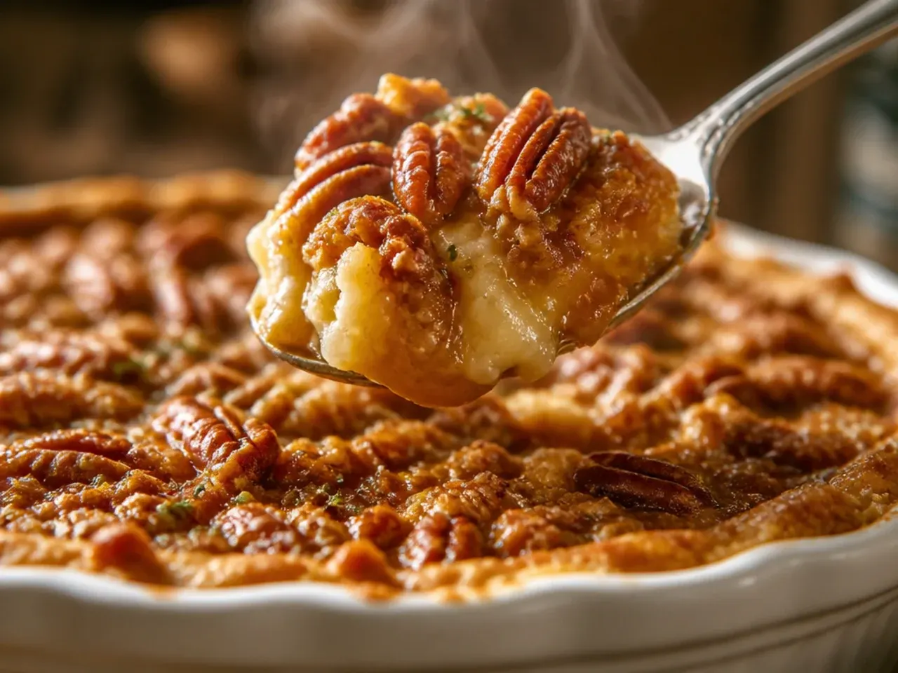 Rustic pecan cream pie swirled with salted caramel sauce