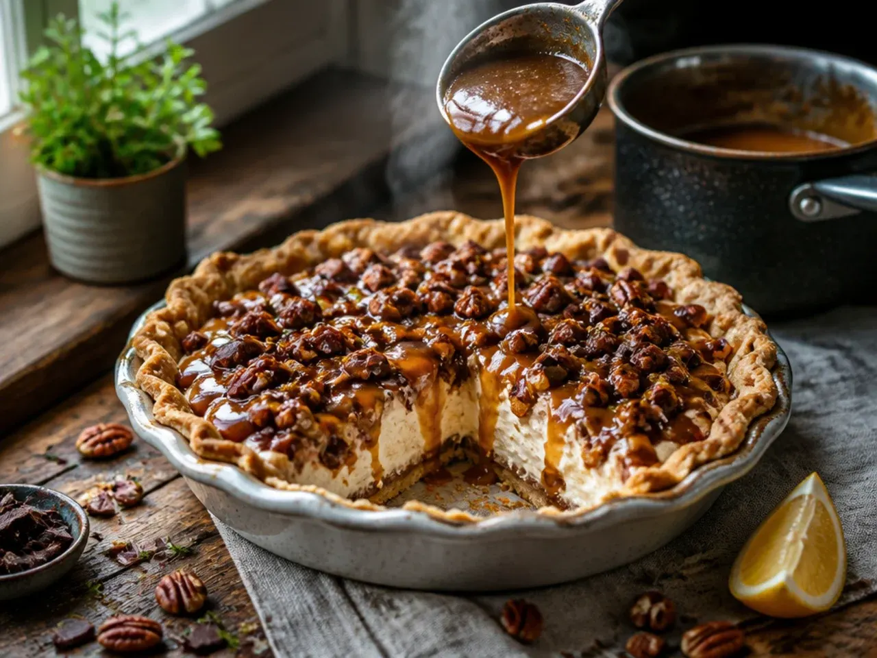 Loaded pecan cream pie topped with chocolate drizzle and toffee bits