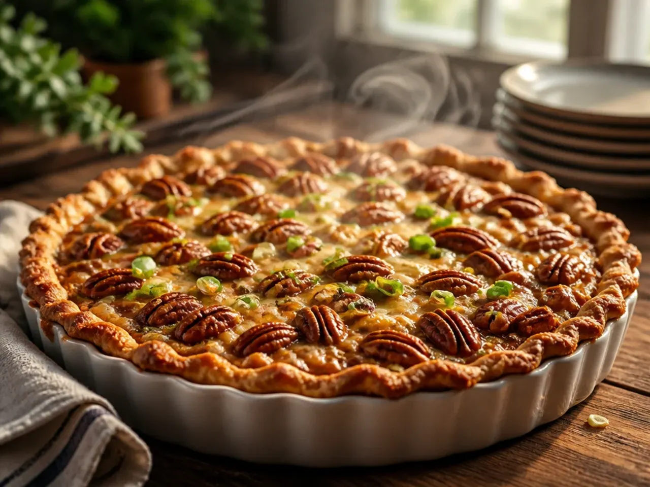 Family-size slab pecan cream pie cut into squares in a traybake tin