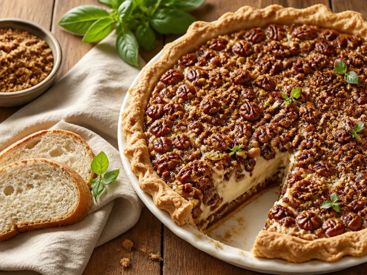 Double-layer pecan cream pie showing a baked pecan layer under a creamy top layer
