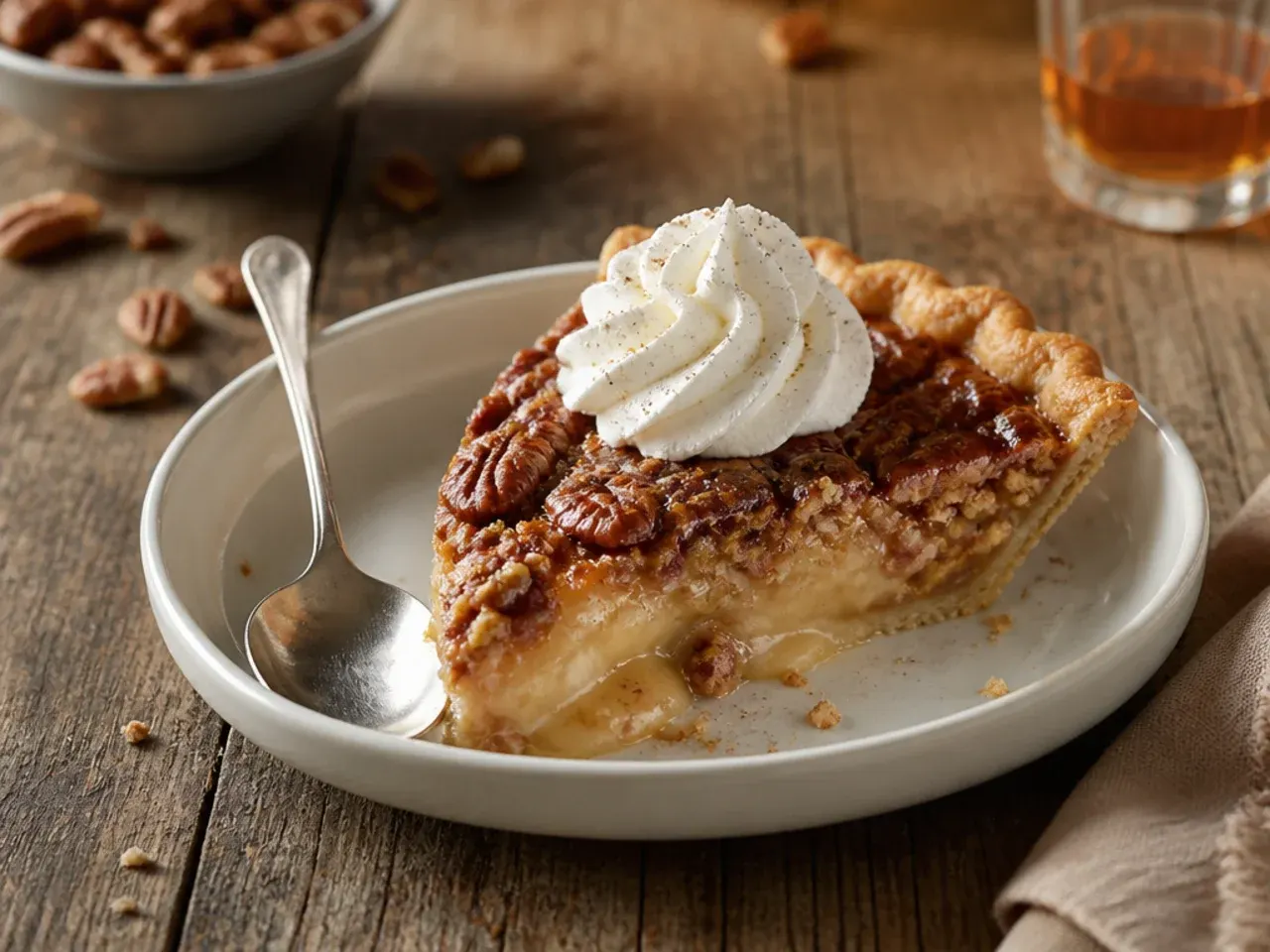 Old-fashioned bourbon pecan cream pie slice with maple drizzle