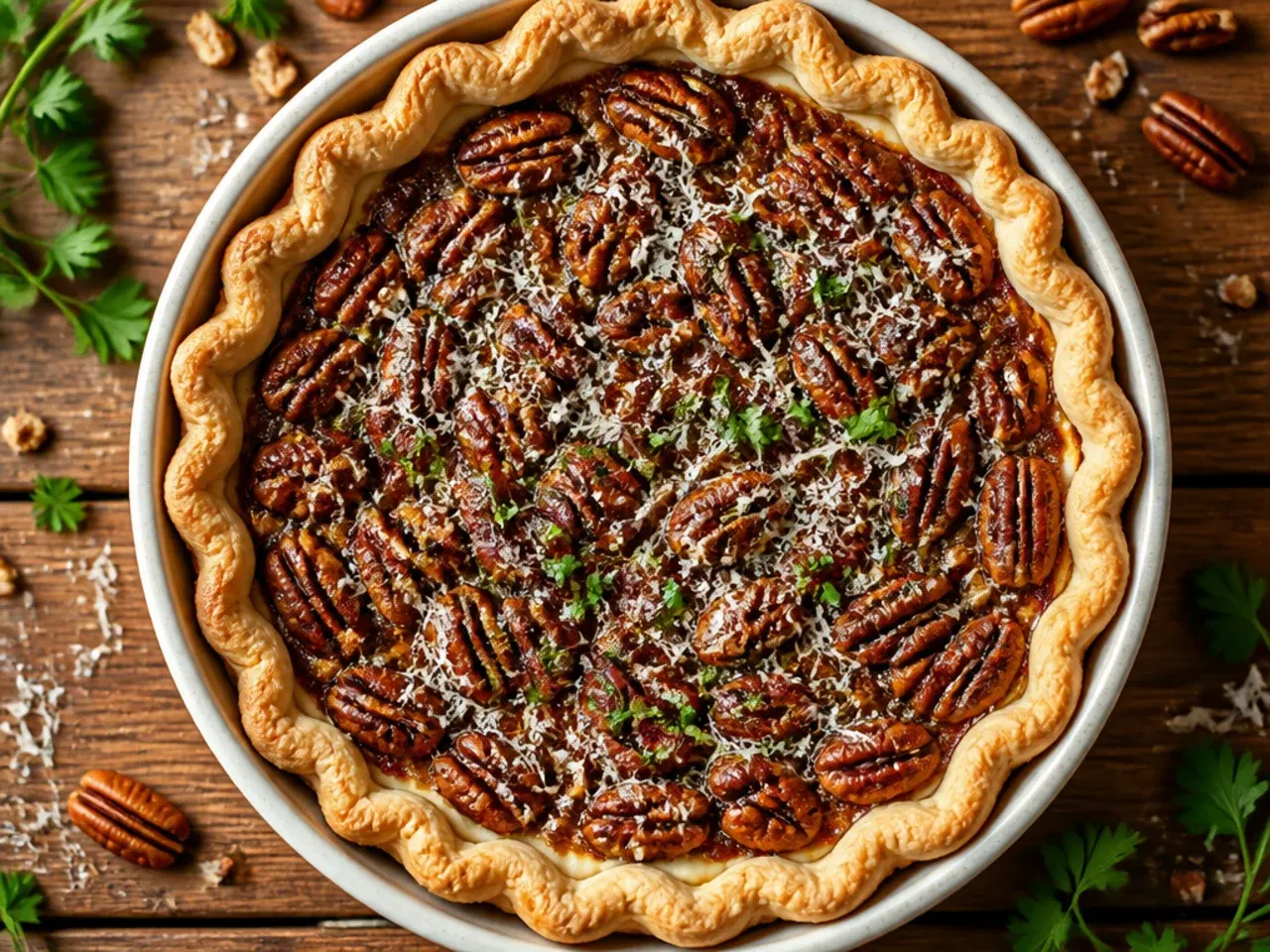 Pecan cream pie wrapped for the freezer next to a thawed, sliced pie