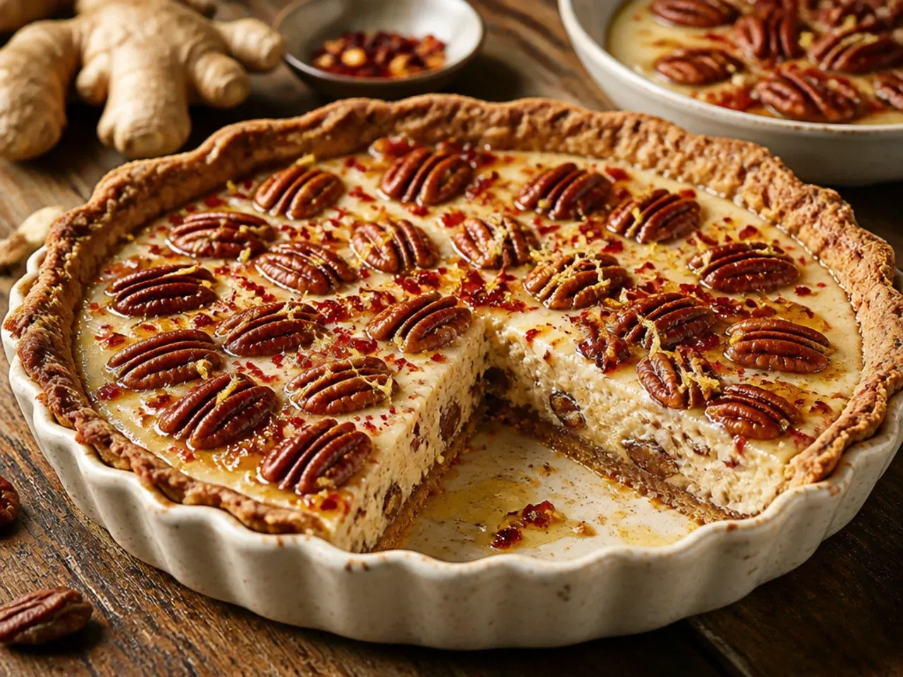 Ginger-spiced pecan cream pie dusted with ground spice
