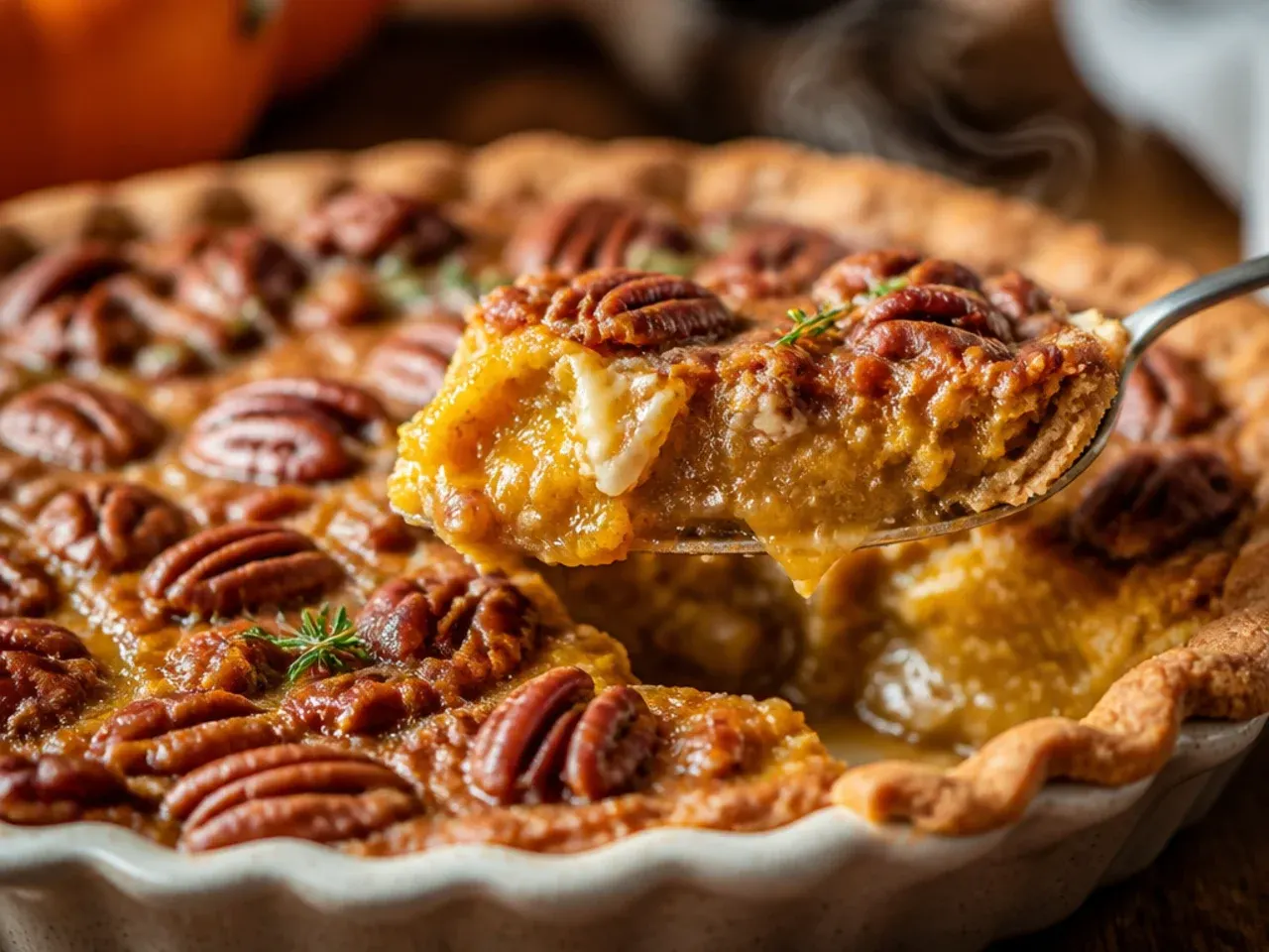 Cozy pumpkin-swirled pecan cream pie slice