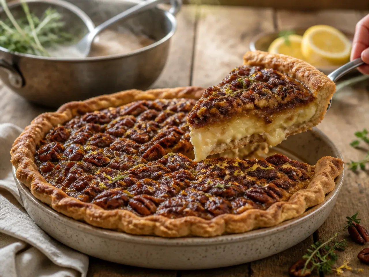 Ultra-creamy baked cheesecake pecan pie slice on a plate