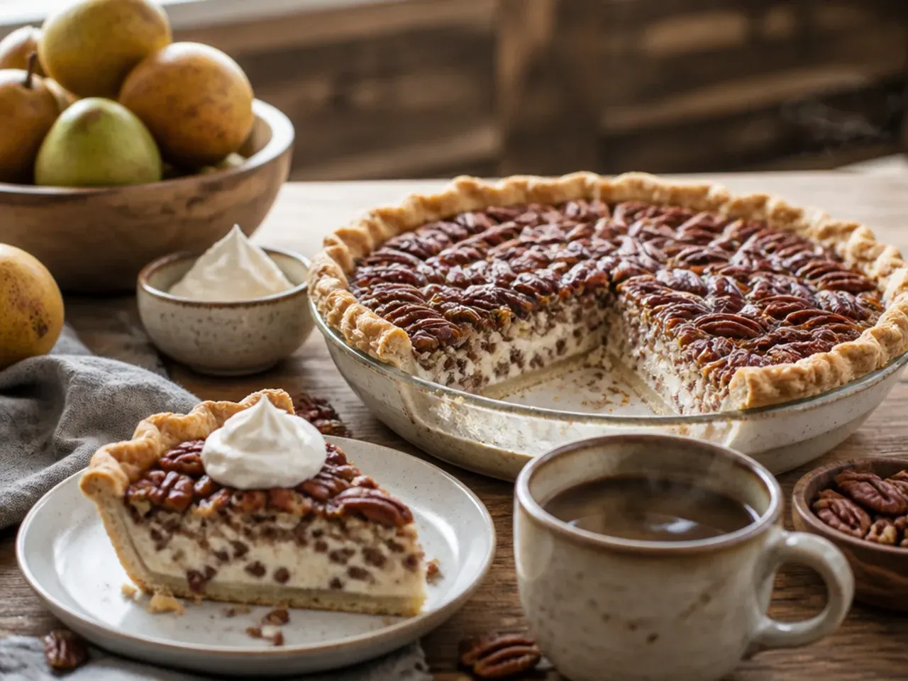 Slice of pecan cream pie served with whipped cream and a hot drink