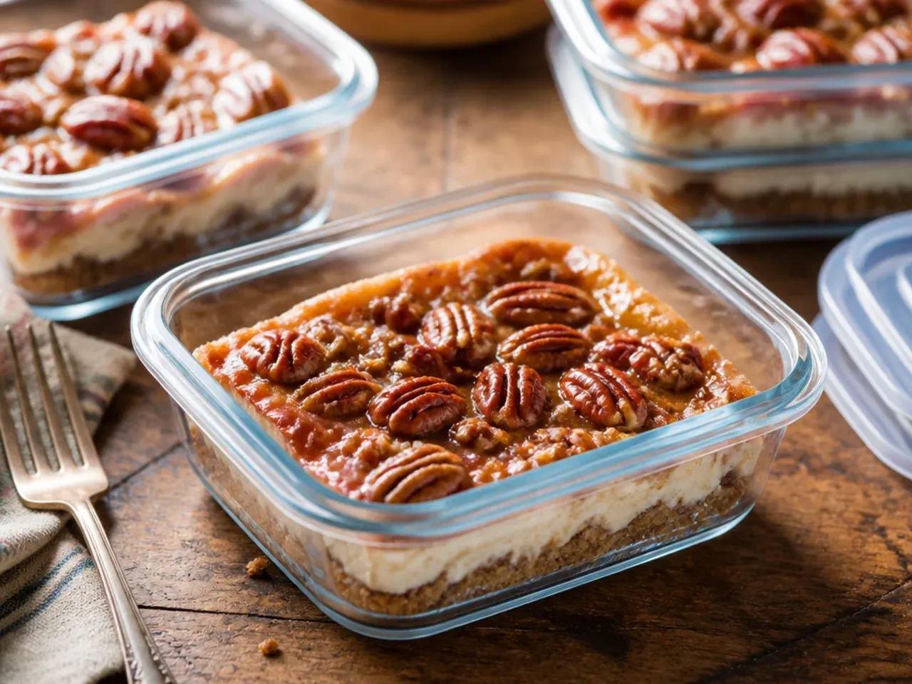 Pecan cream pie covered and stored in the fridge