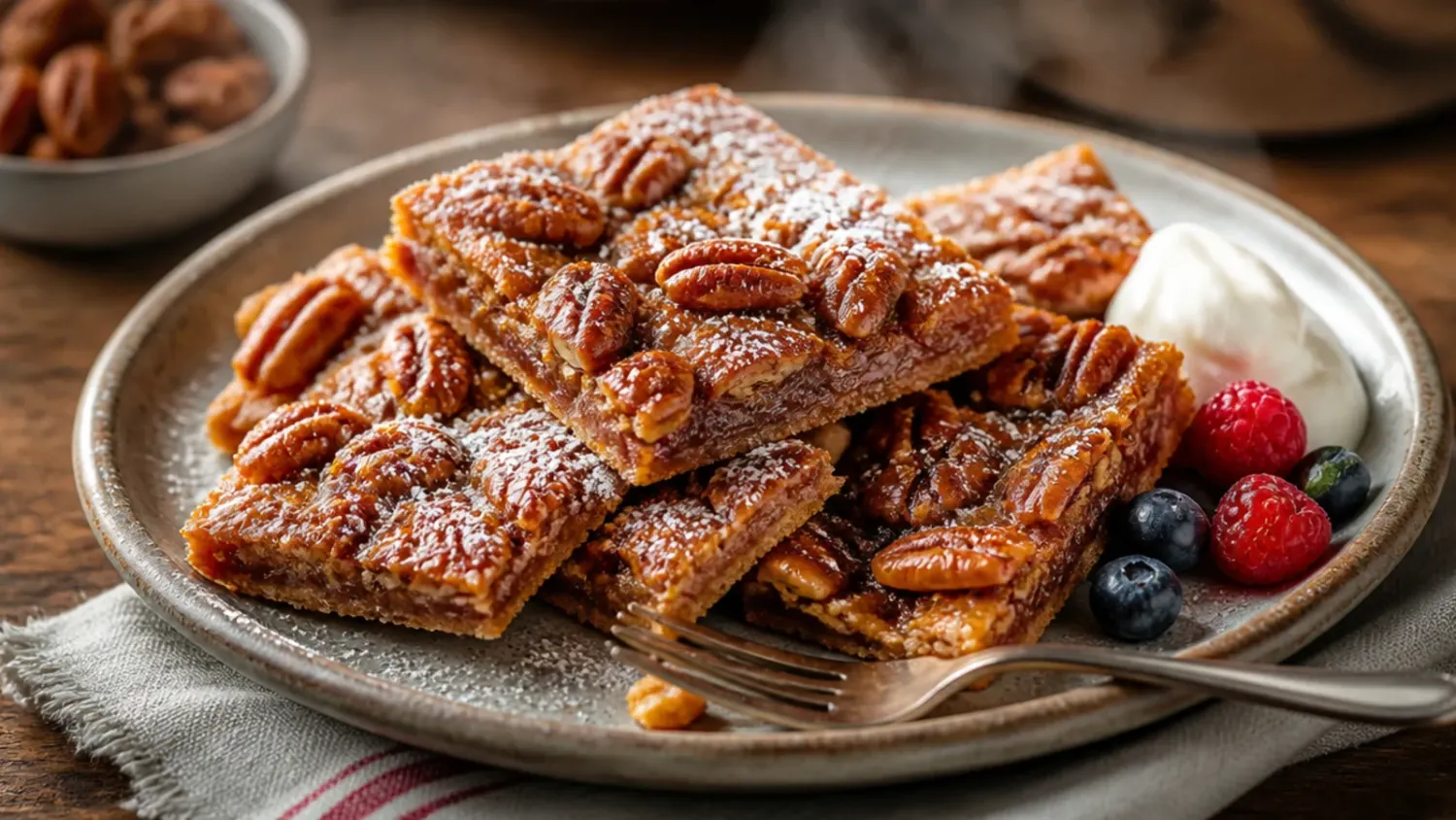 A stack of broken pecan pie bark pieces with toffee, toasted pecans and a chocolate drizzle on a marble board