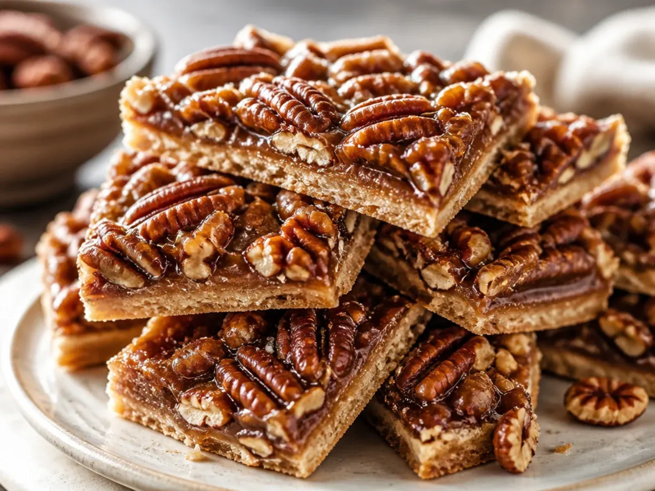 Broken pieces of pecan pie bark piled on a wooden board, showing the toffee and toasted pecan layers
