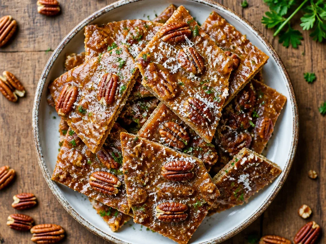 Close-up of classic pecan pie bark cooling on a foil-lined baking tray