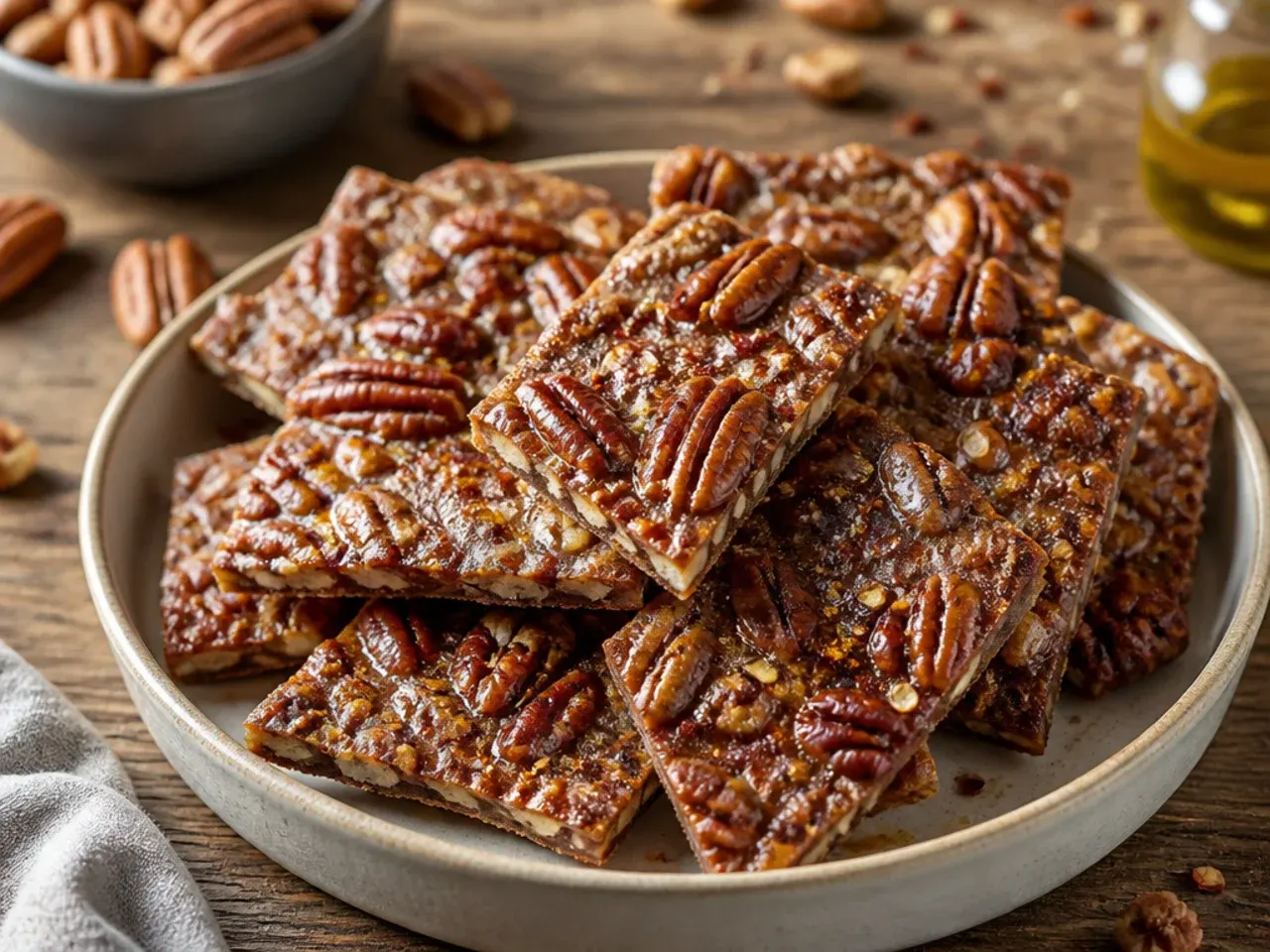 Simple three-ingredient pecan pie bark being broken into pieces