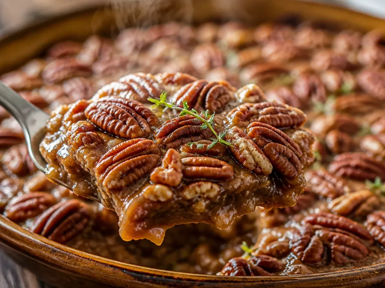 Pecan pie bark with visible orange zest flecks in the toffee layer