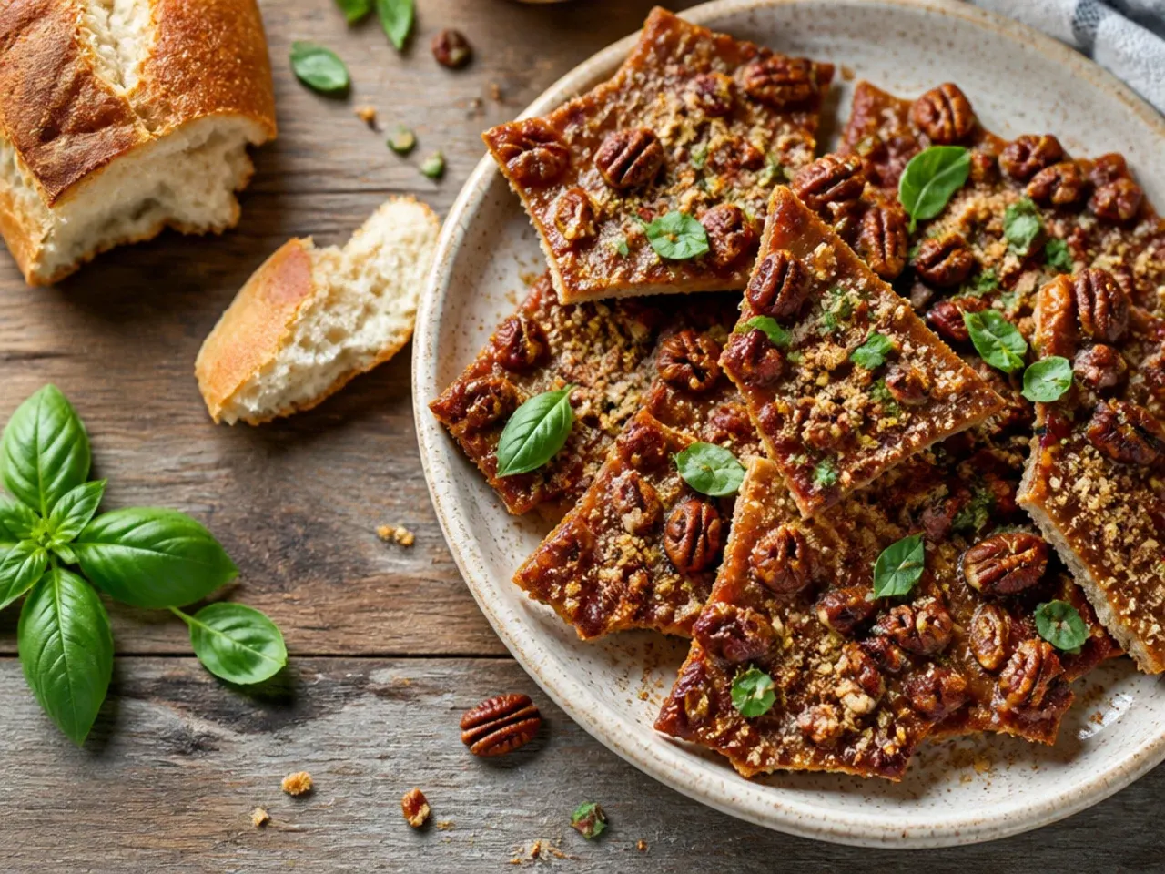 Plain salted pecan pie bark pieces without chocolate drizzle