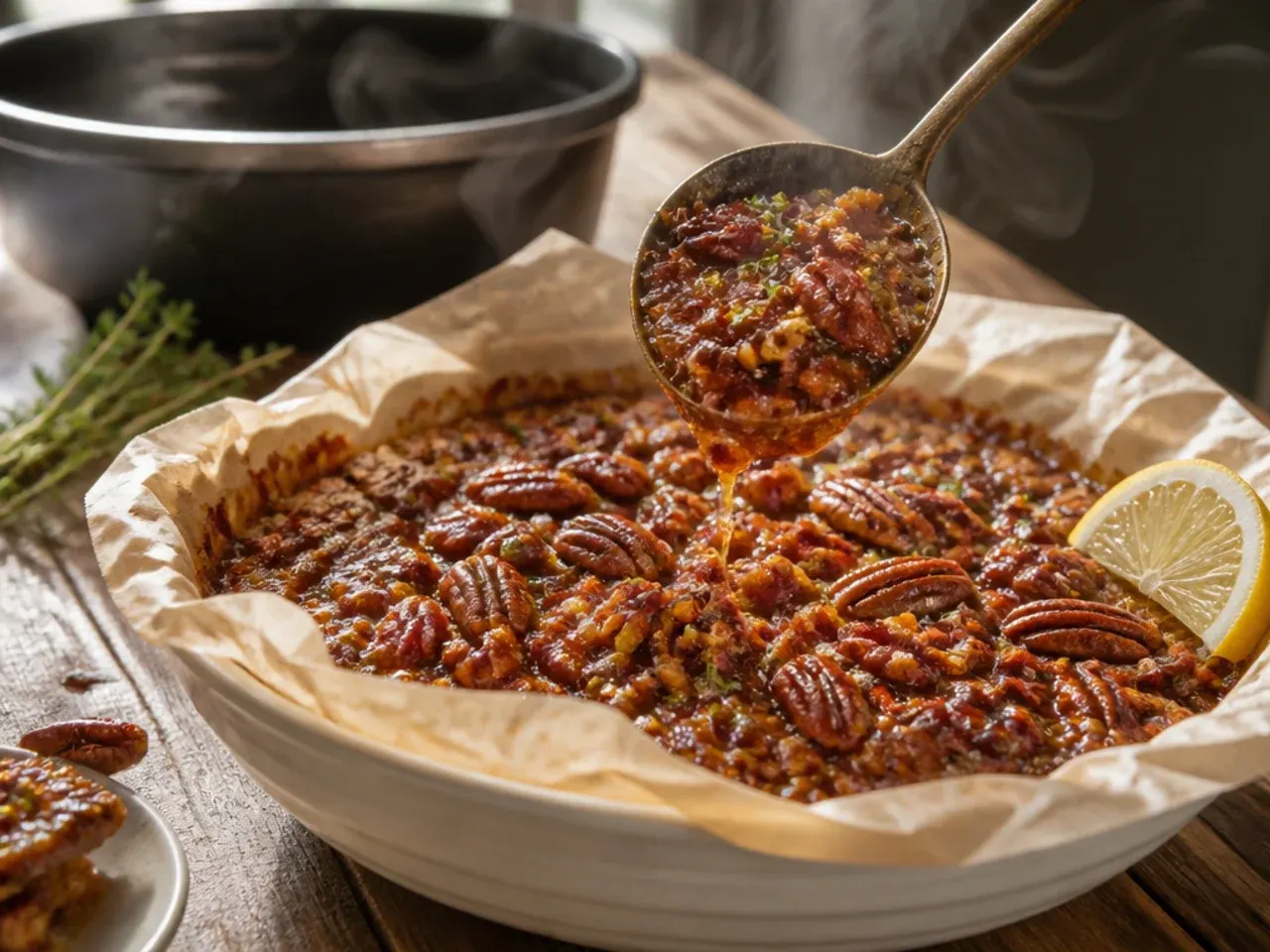 Loaded turtle-style pecan pie bark with dark and white chocolate drizzle