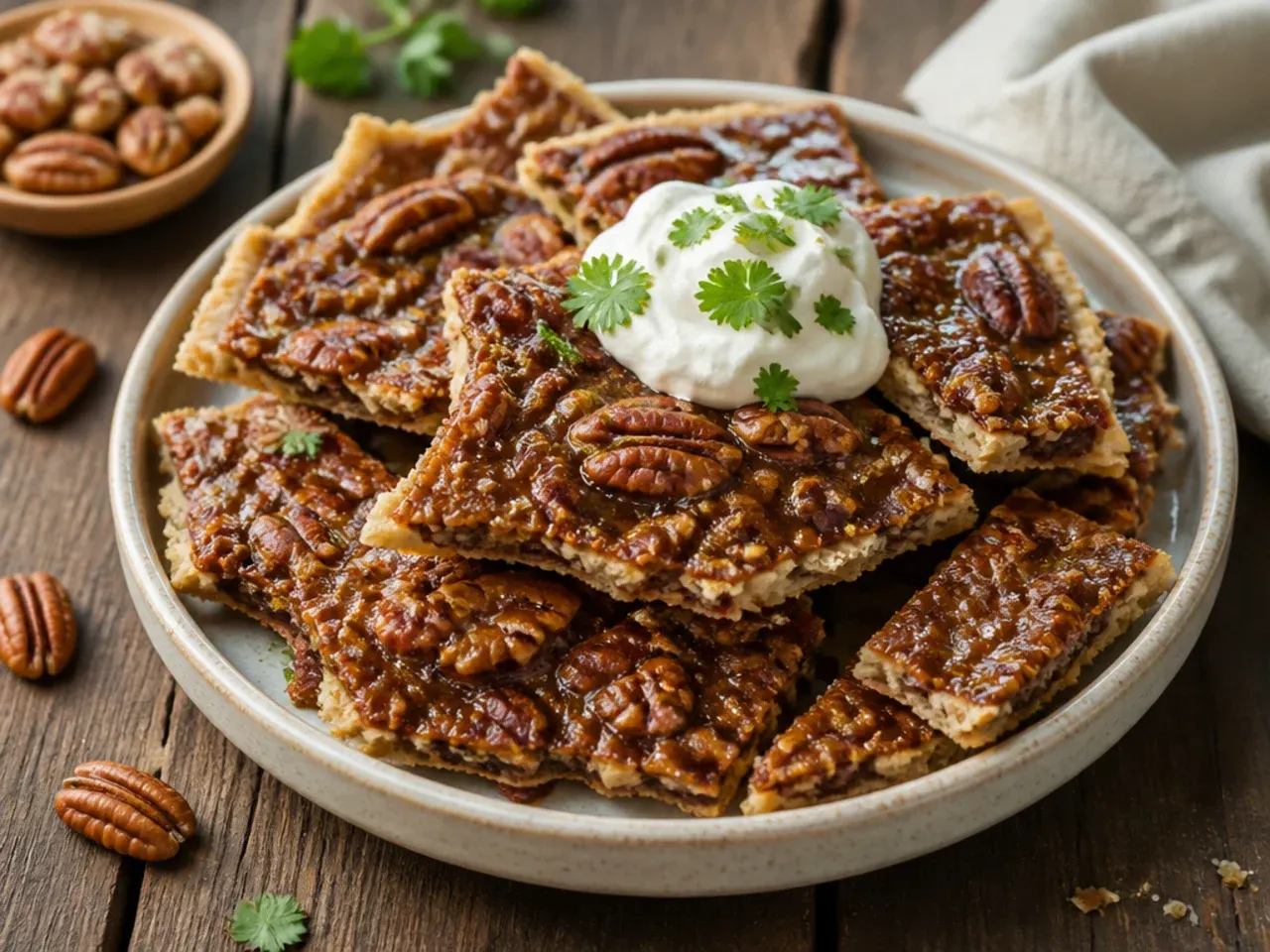 Quick shortcut pecan pie bark made with melted caramel candies