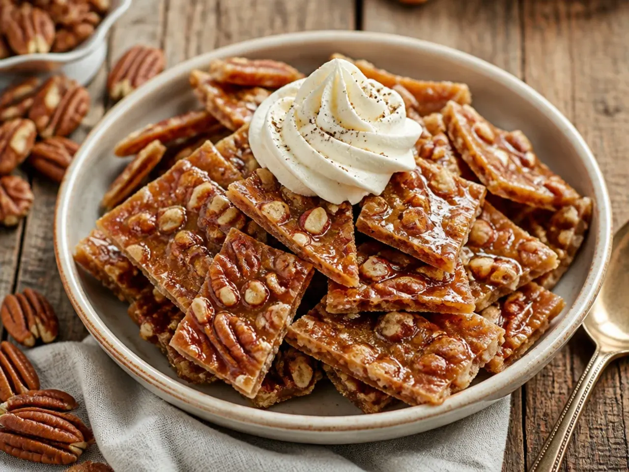 Thick-cut classic pecan pie bark pieces wrapped for gifting