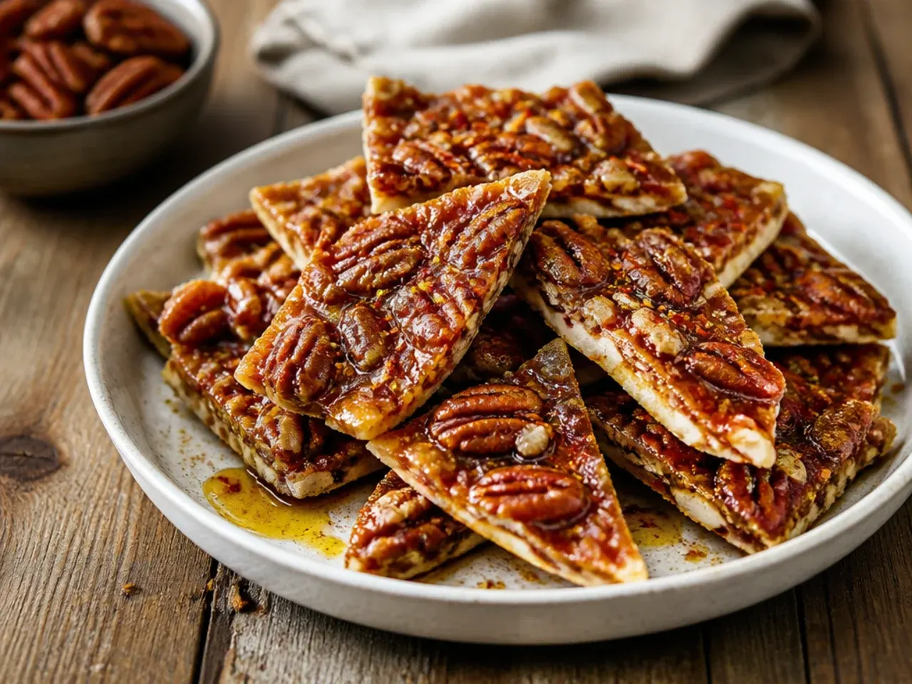 Pecan pie bark with dried apple pieces and cinnamon caramel