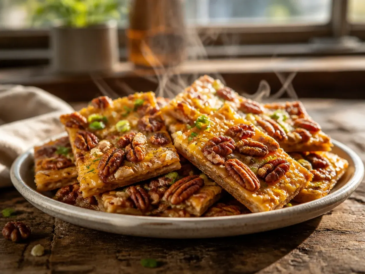Simple no-cook-caramel pecan pie bark fresh from the oven