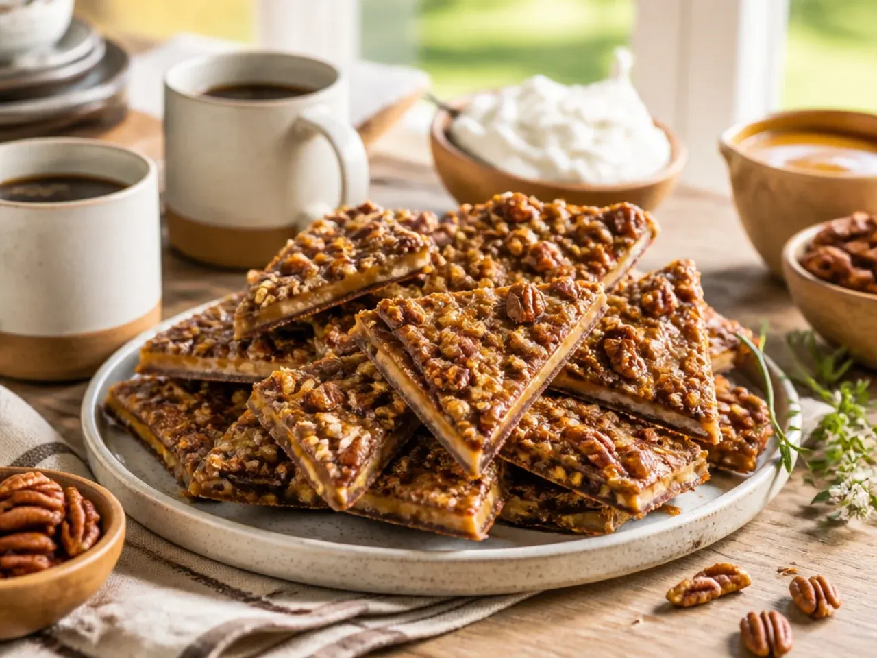 Pecan pie bark served on a platter alongside other holiday desserts