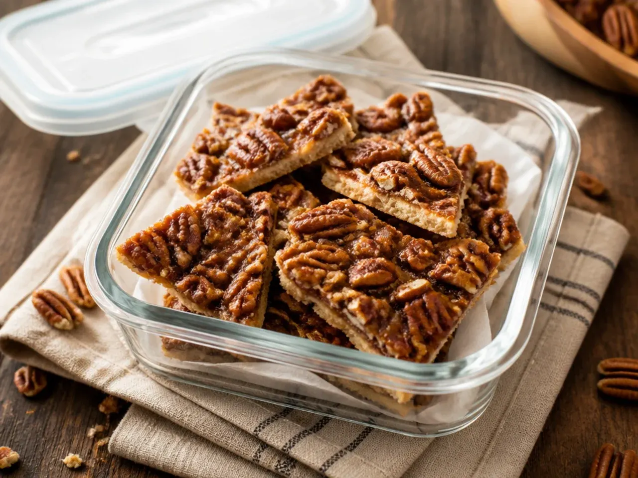 Pecan pie bark stored in an airtight container with parchment layers