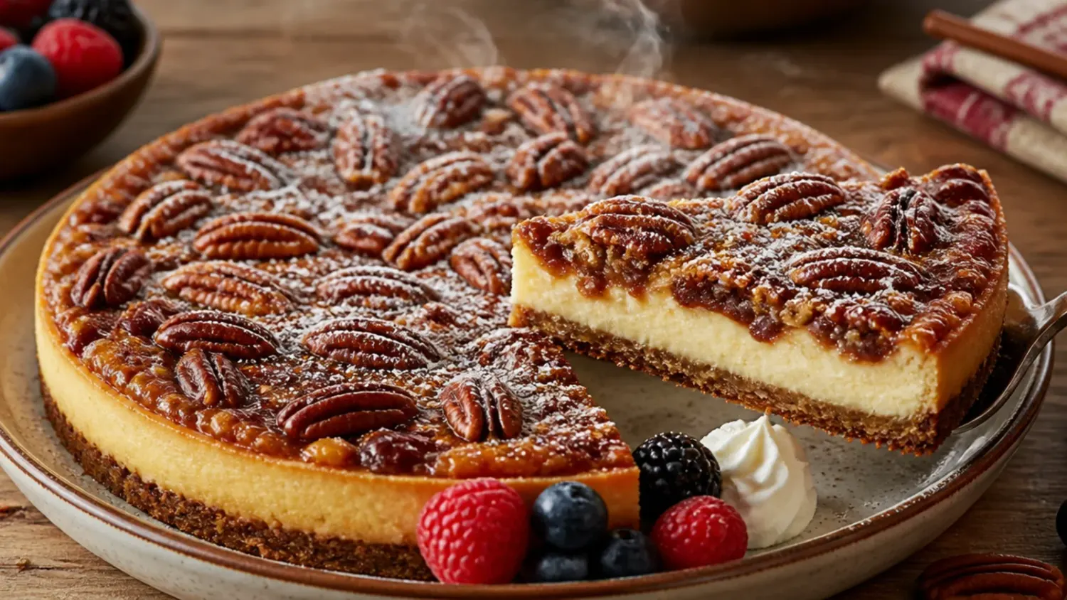 Whole pecan pie cheesecake topped with glossy caramelised pecans, sliced to show the creamy layers underneath