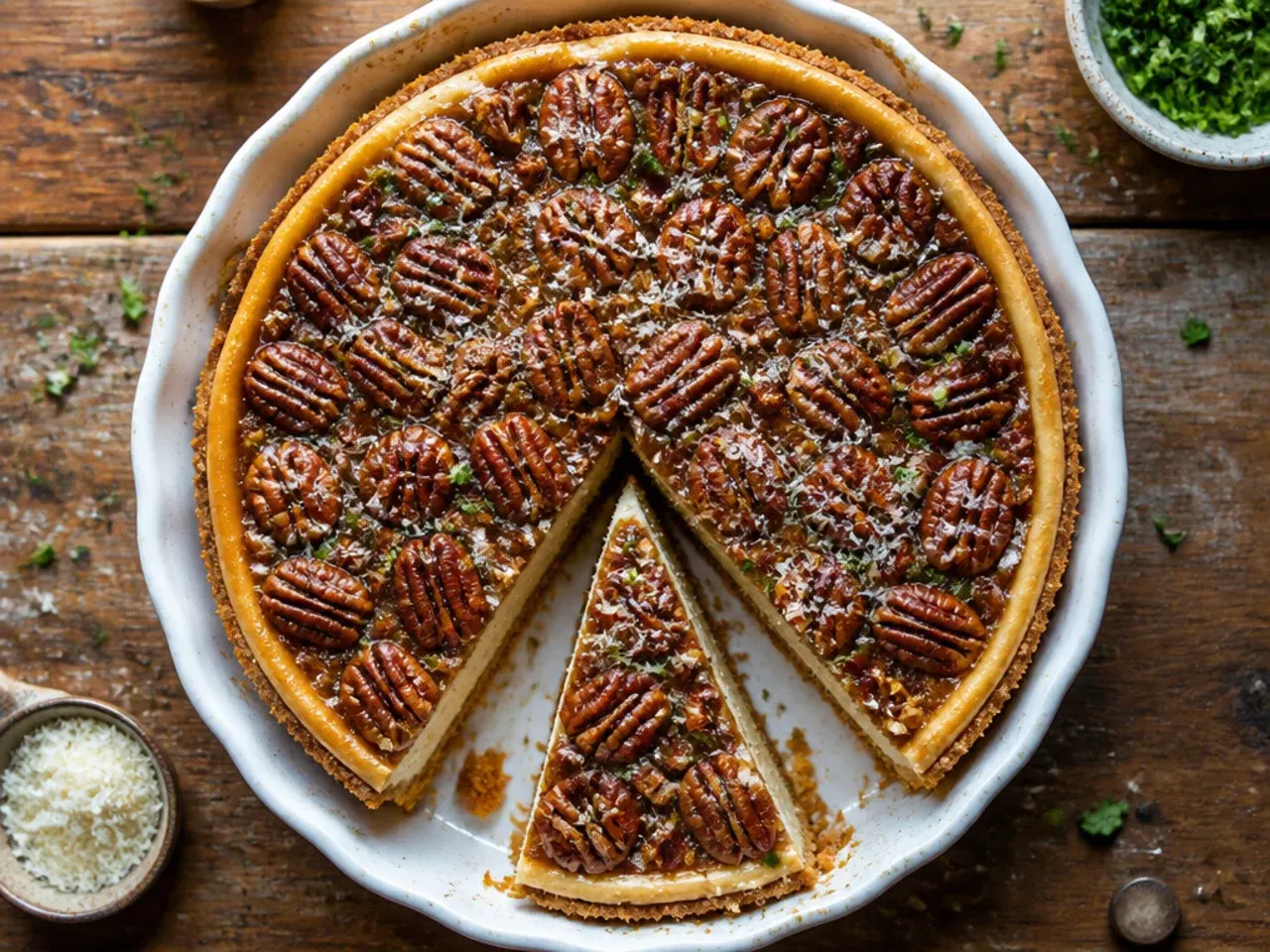 Classic pecan pie cheesecake with a golden biscuit crust and whole pecan halves on top
