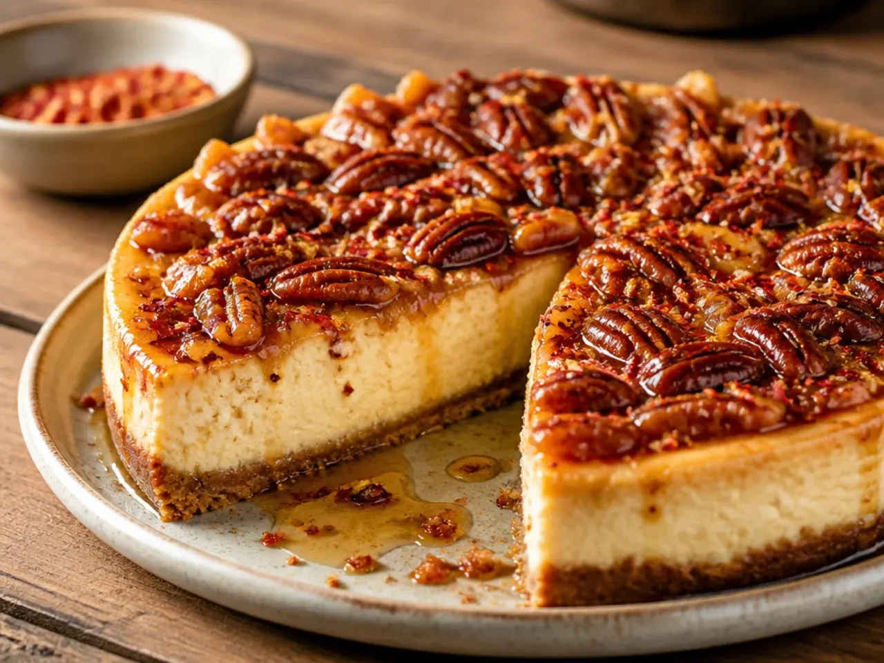 Foil-wrapped springform pan of pecan cheesecake baking without a traditional water bath