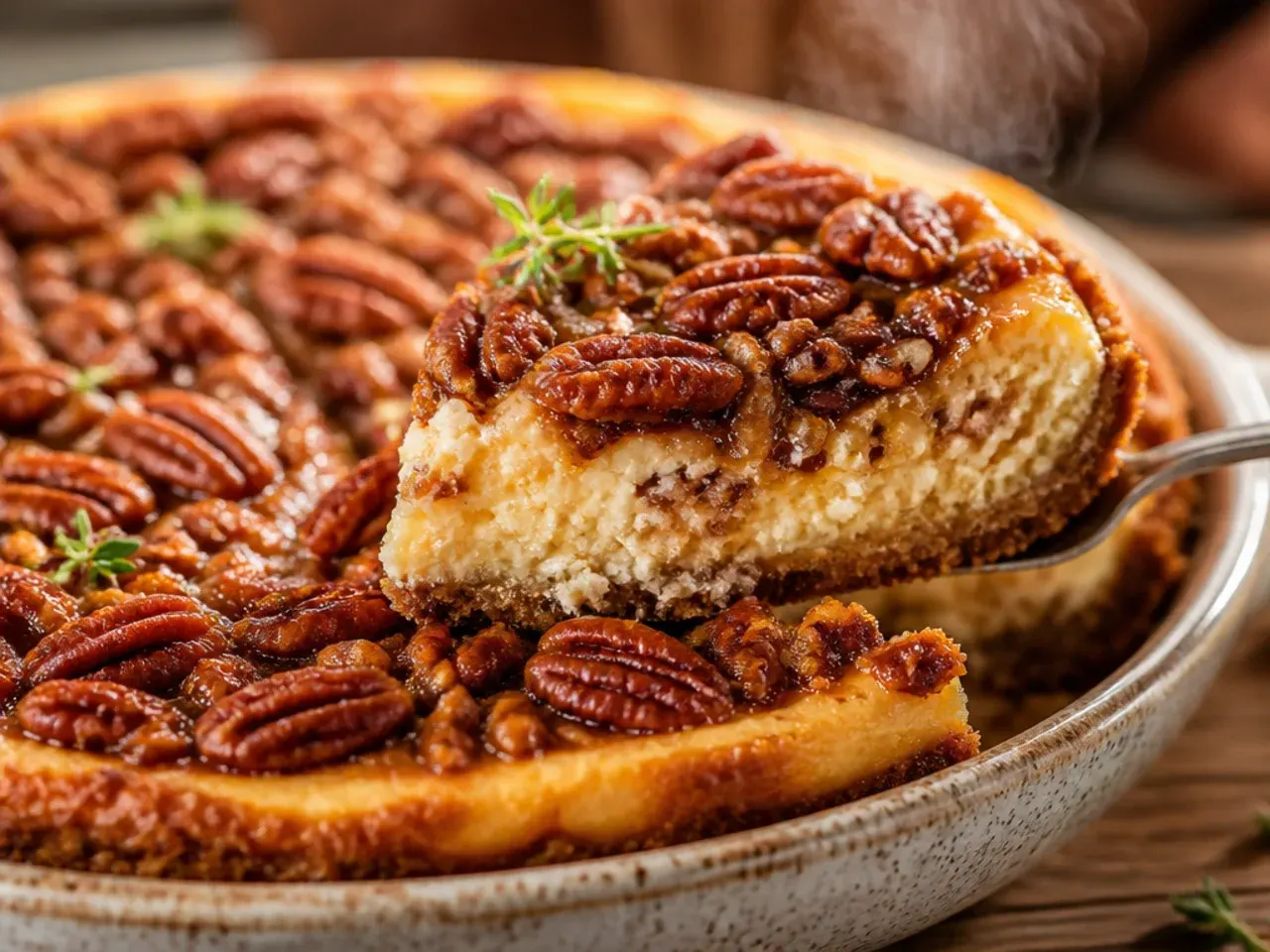 Bourbon pecan pie cheesecake with a glossy caramel topping and scattered pecan pieces