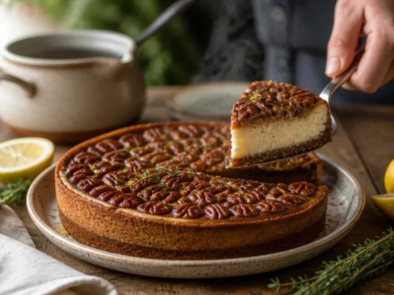Maple spice pecan cheesecake dusted with cinnamon under a glossy maple pecan layer