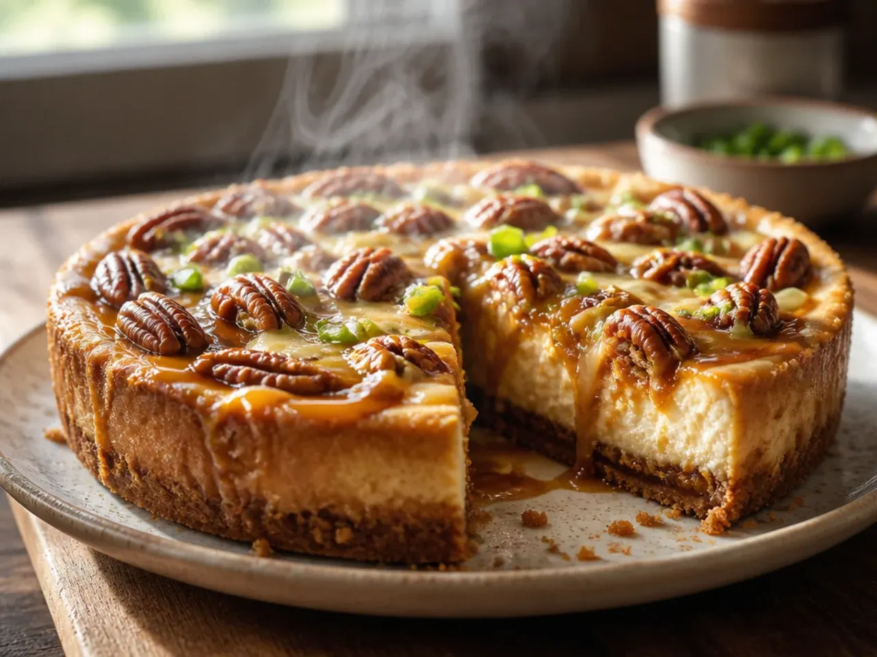 Salted caramel pecan cheesecake slice showing a caramel ribbon through the creamy filling