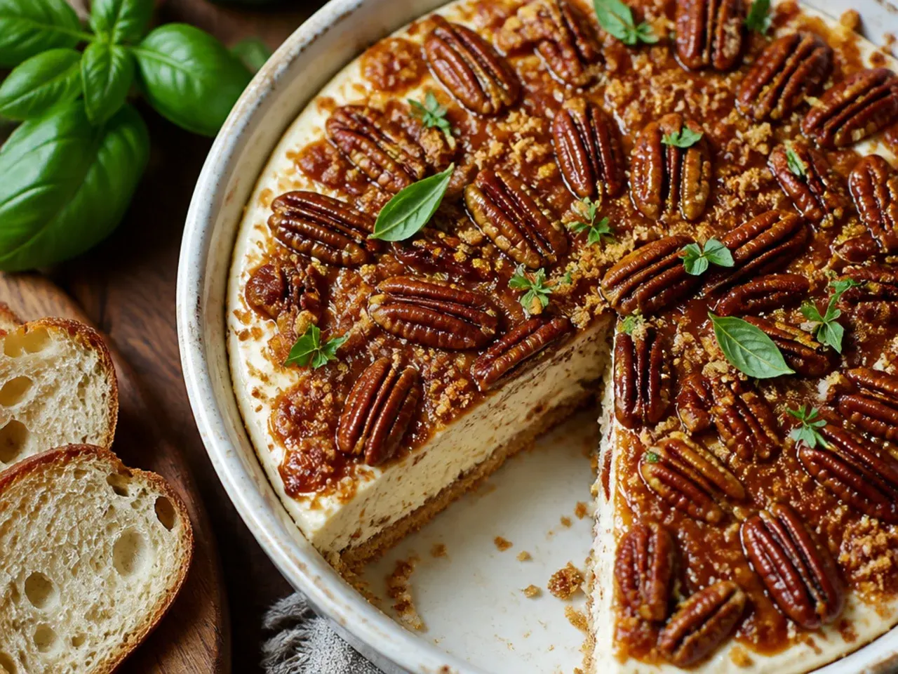 No-bake pecan cheesecake with a light, mousse-like filling and pecan topping in a glass dish