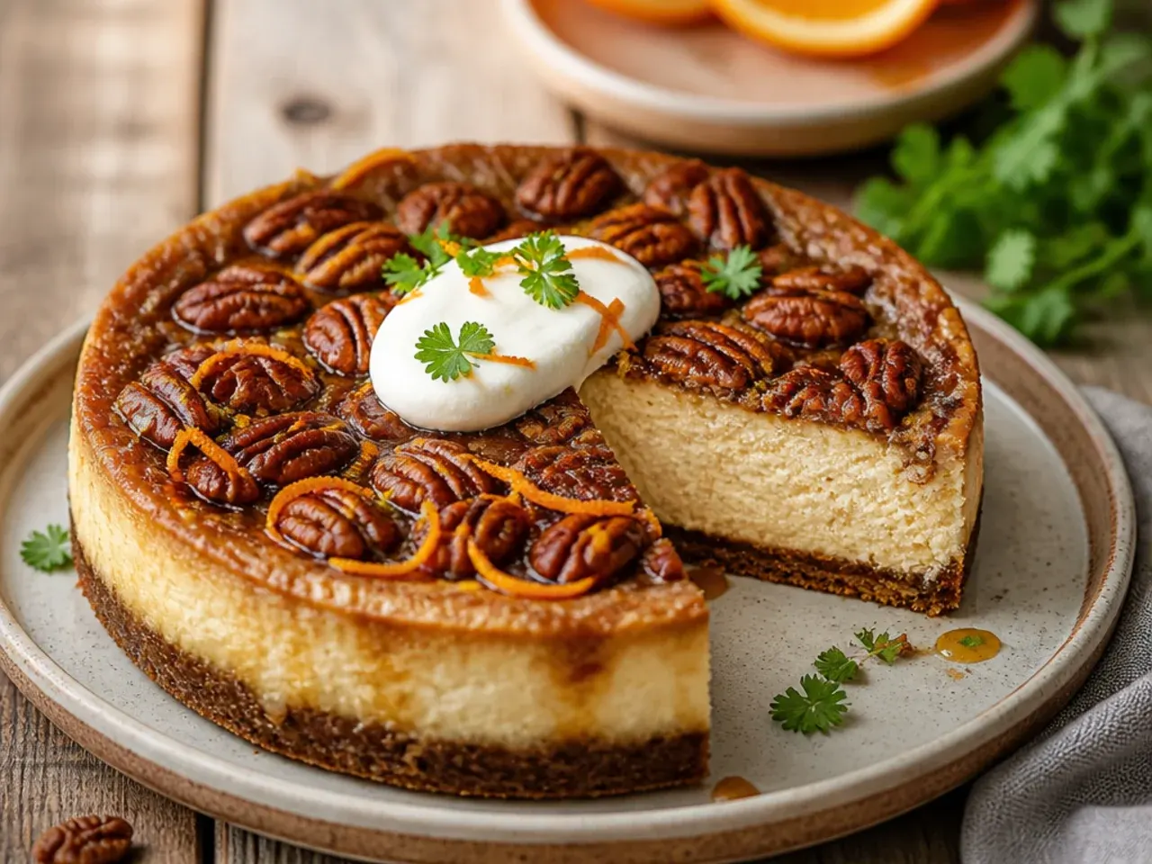 Zesty orange pecan cheesecake garnished with candied orange peel and pecan halves