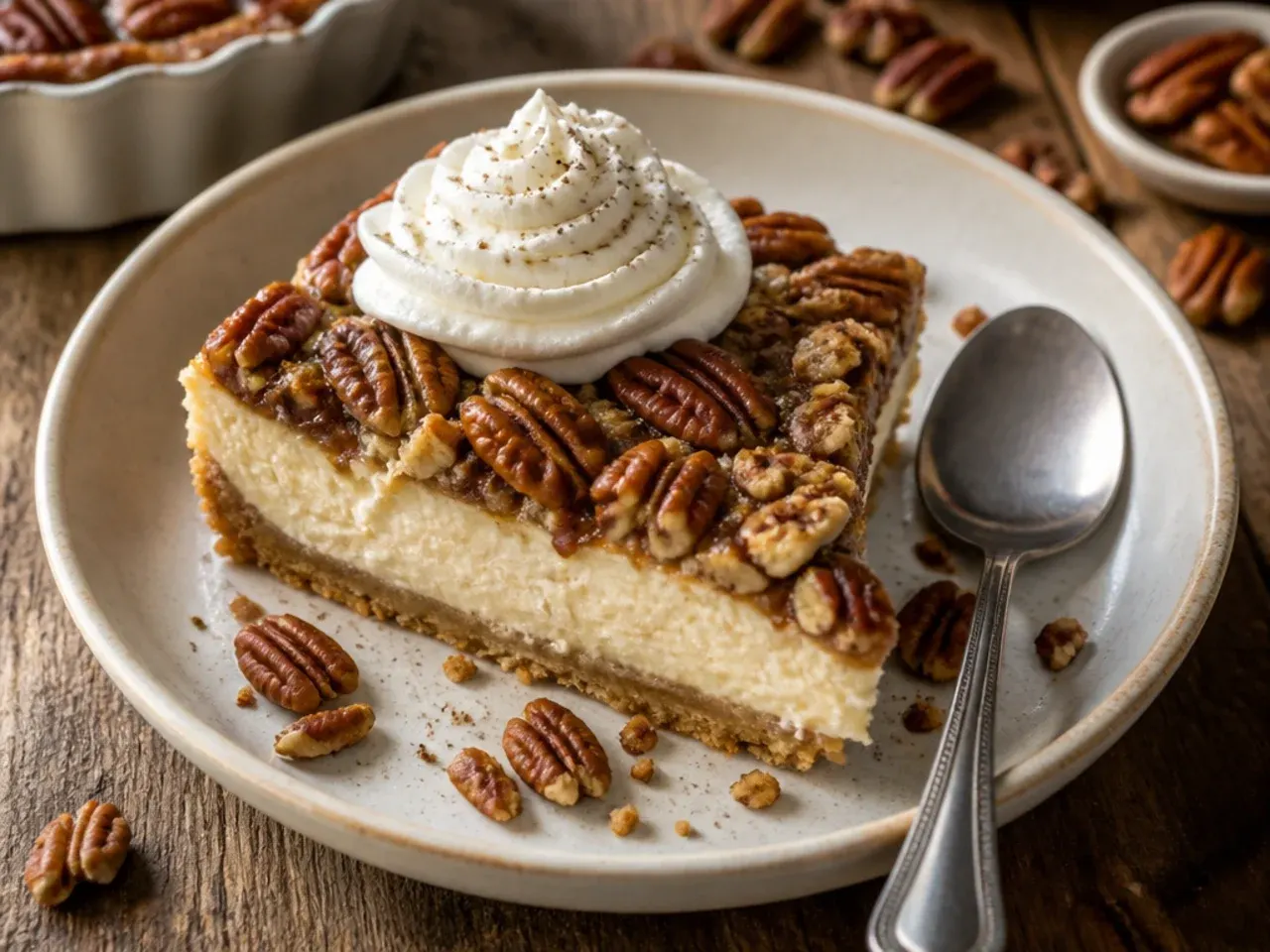Wholesome Greek yoghurt pecan cheesecake sliced to show a lighter, tangy filling