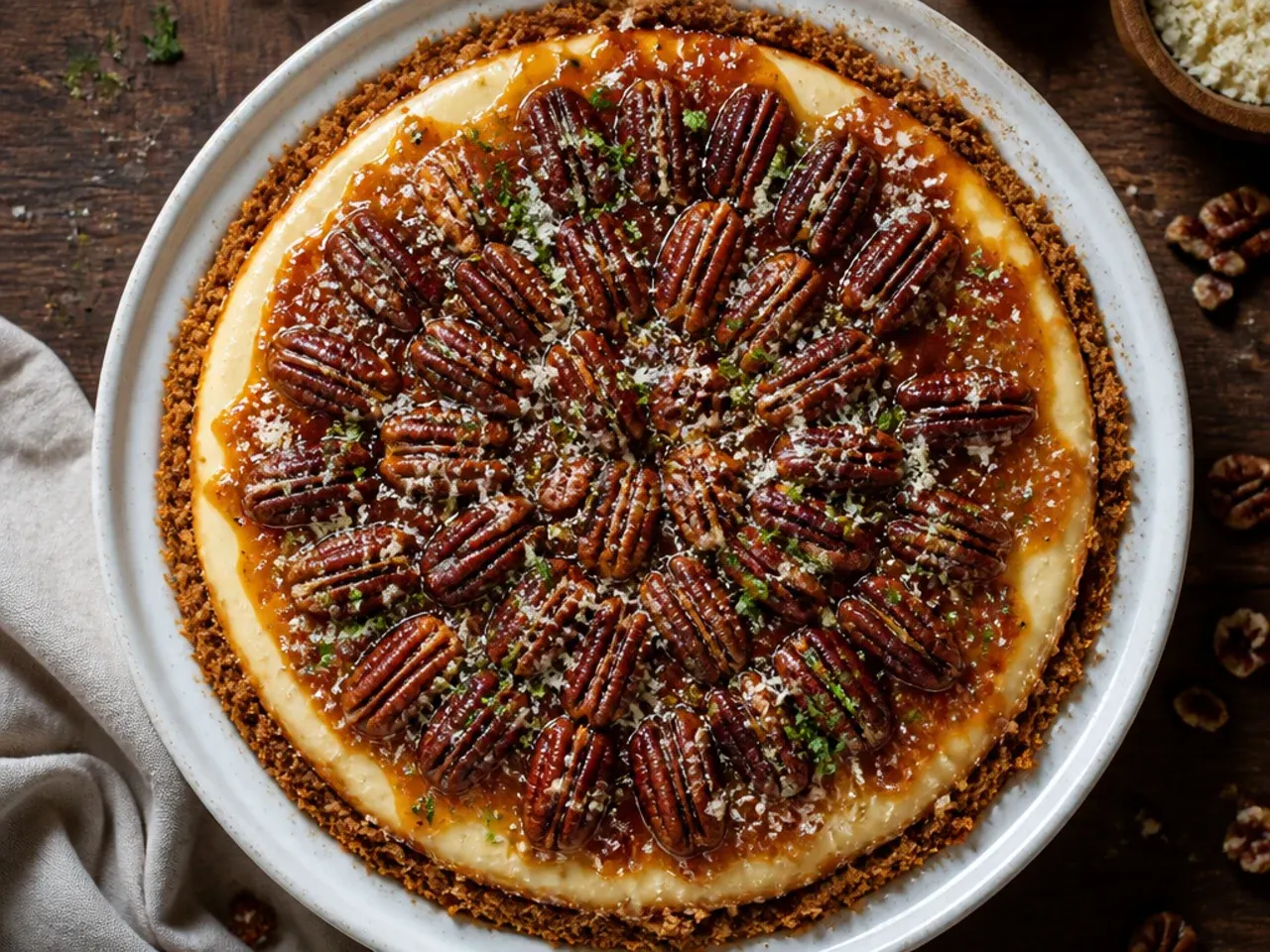 Budget-friendly pecan cheesecake with a digestive biscuit crust and walnut-pecan topping