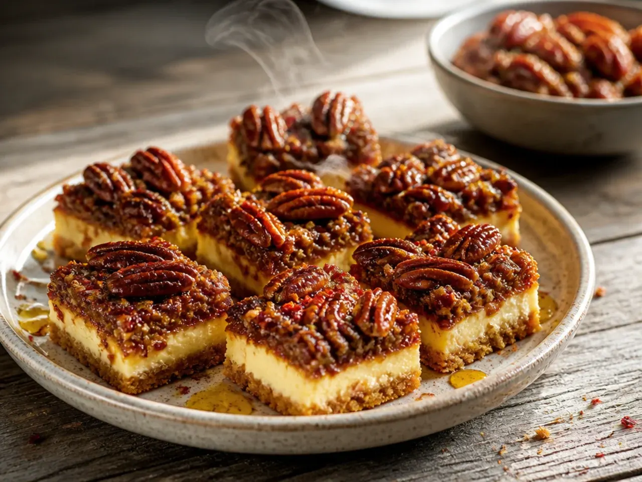 Square pecan cheesecake bars cut into neat portions on a wooden board