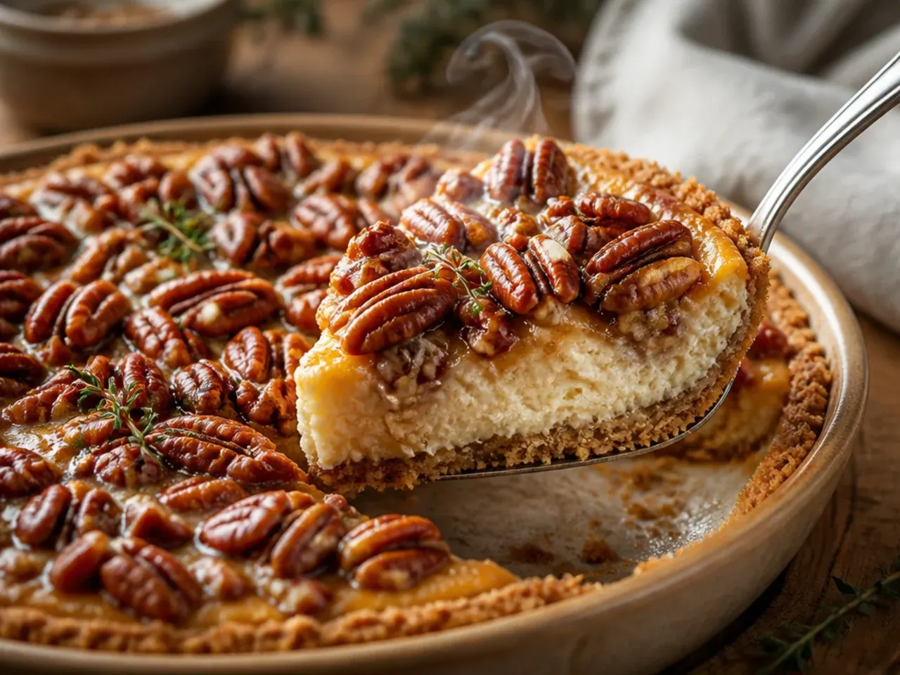 Rustic pecan cheesecake with a deep amber brown butter pecan topping