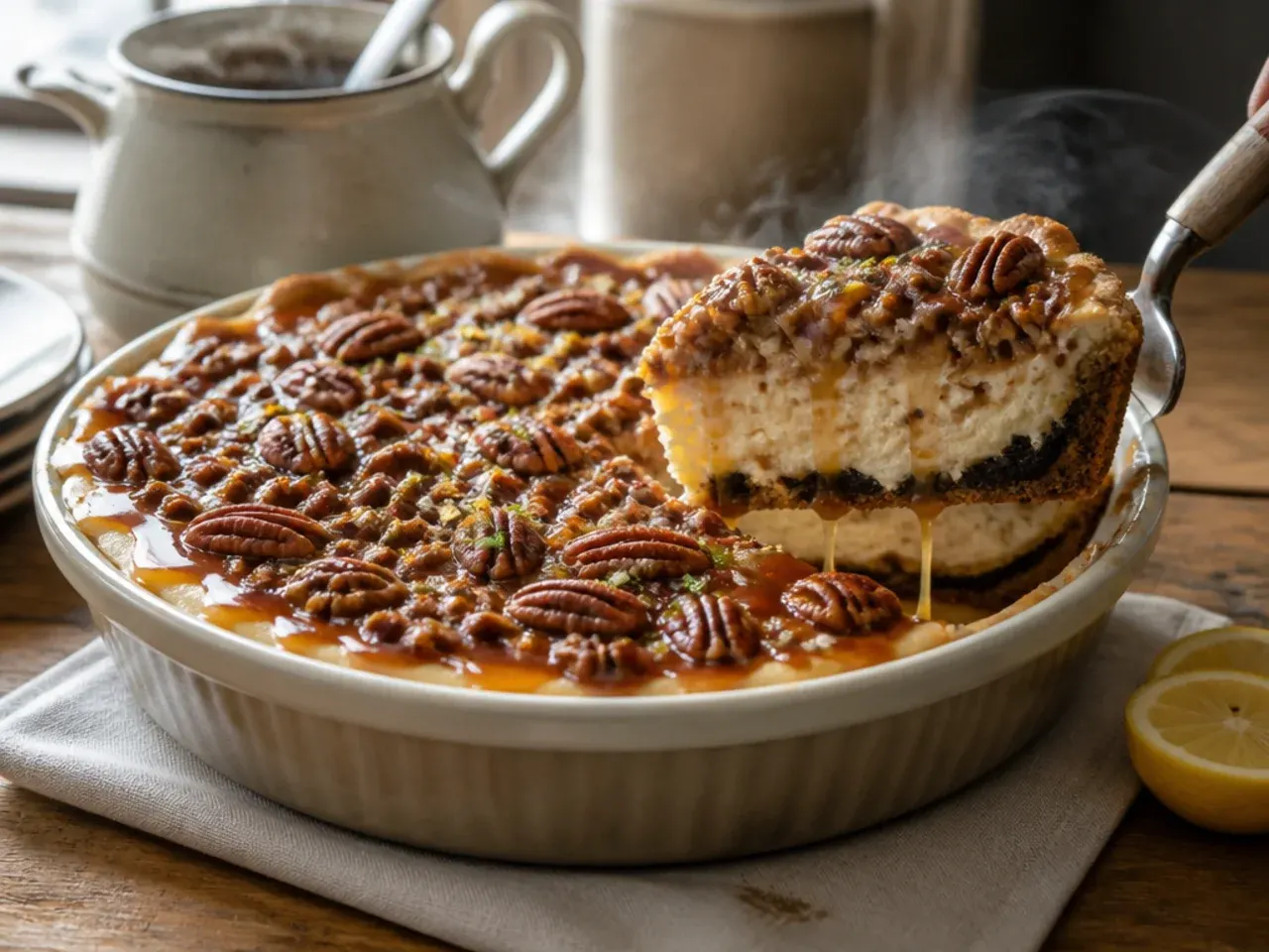 Loaded chocolate pecan cheesecake with a chocolate drizzle over the pecan topping
