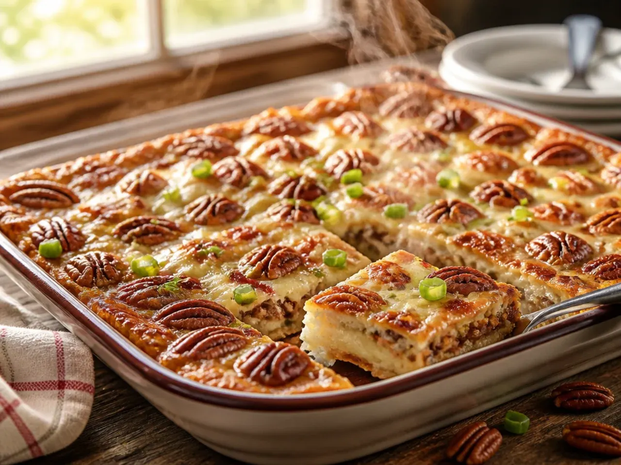 Large sheet pan pecan cheesecake cut into square portions for a family gathering