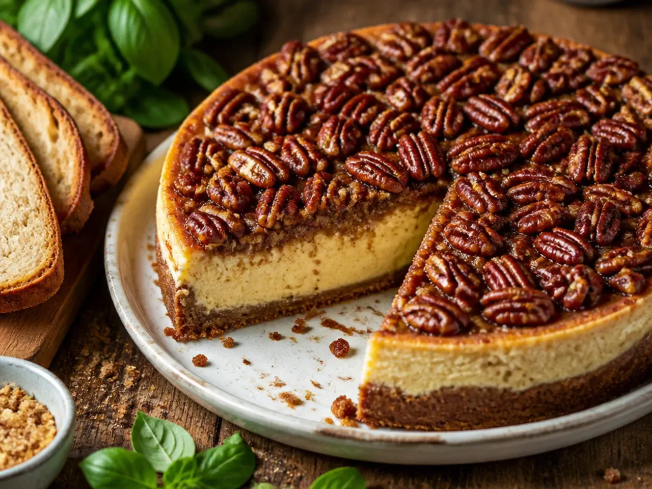 Best-ever bourbon vanilla bean pecan cheesecake sliced on a cake stand for a special occasion